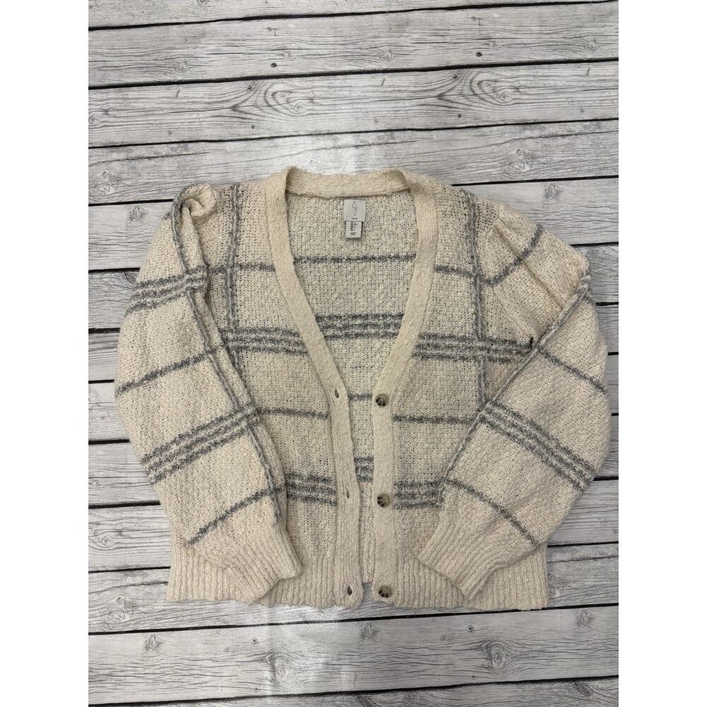 Joie Cardigan Sweater Button Up Plaid V Neck Grandma Core Knit Cream Gray Women
